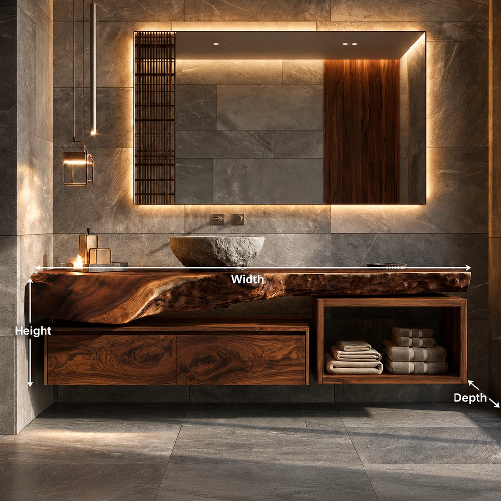 Natural Solid Wood Floating Bathroom Vanity with Two Drawers and Open Shelf