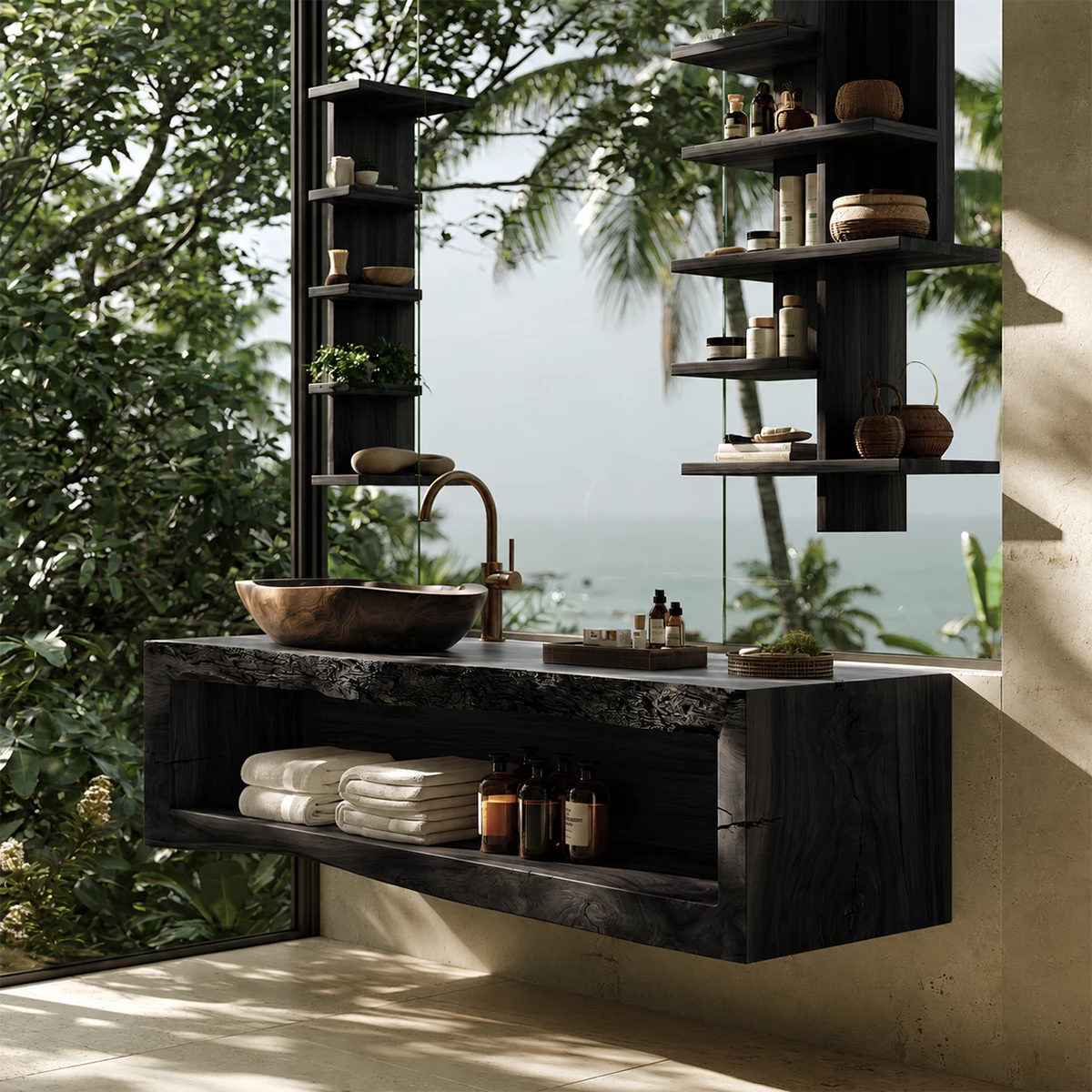 Natural Solid Wood Floating Bathroom Vanity with Full Width Open Shelf