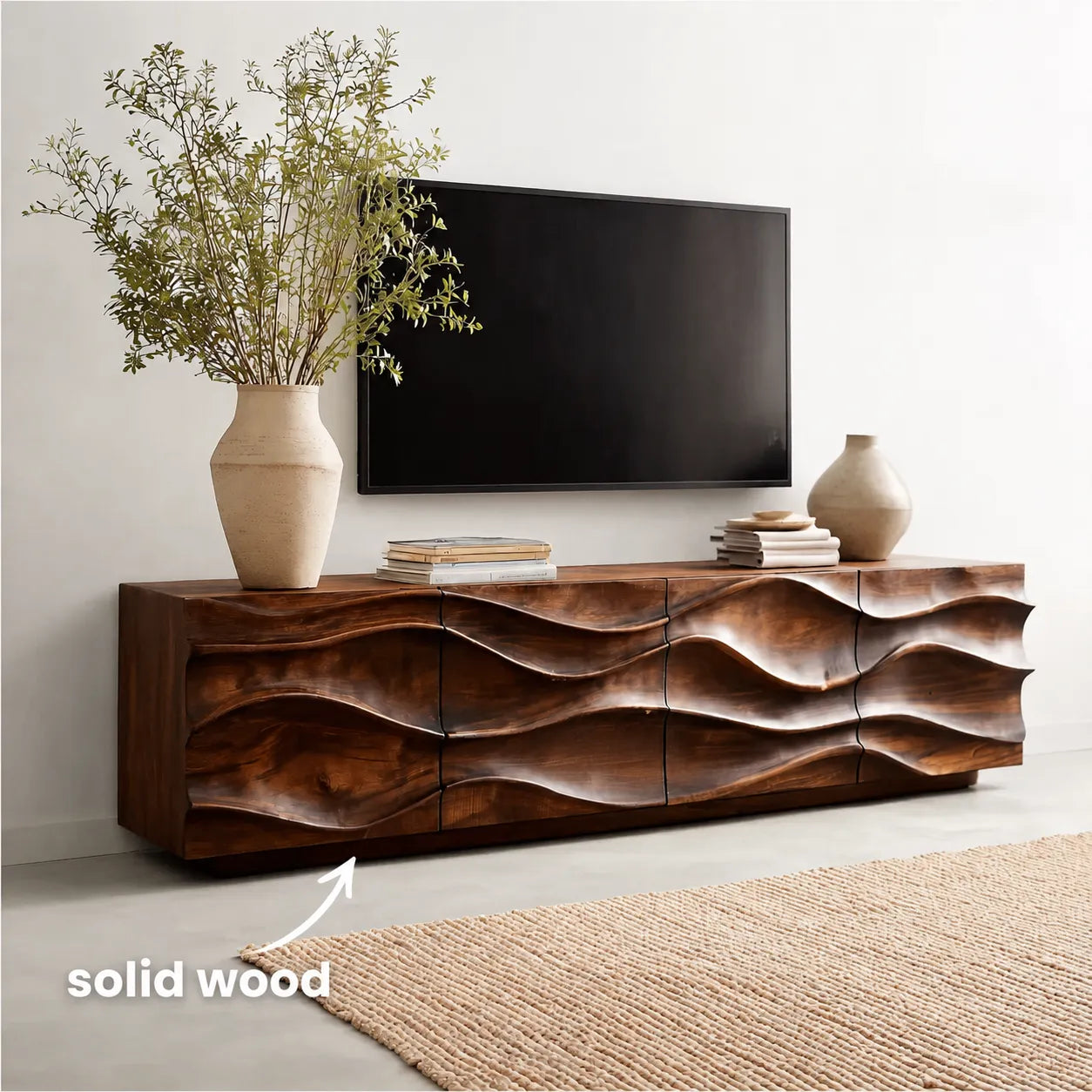 Sculpted Wave Natural Solid Wood TV Stand with Eight Drawer Storage