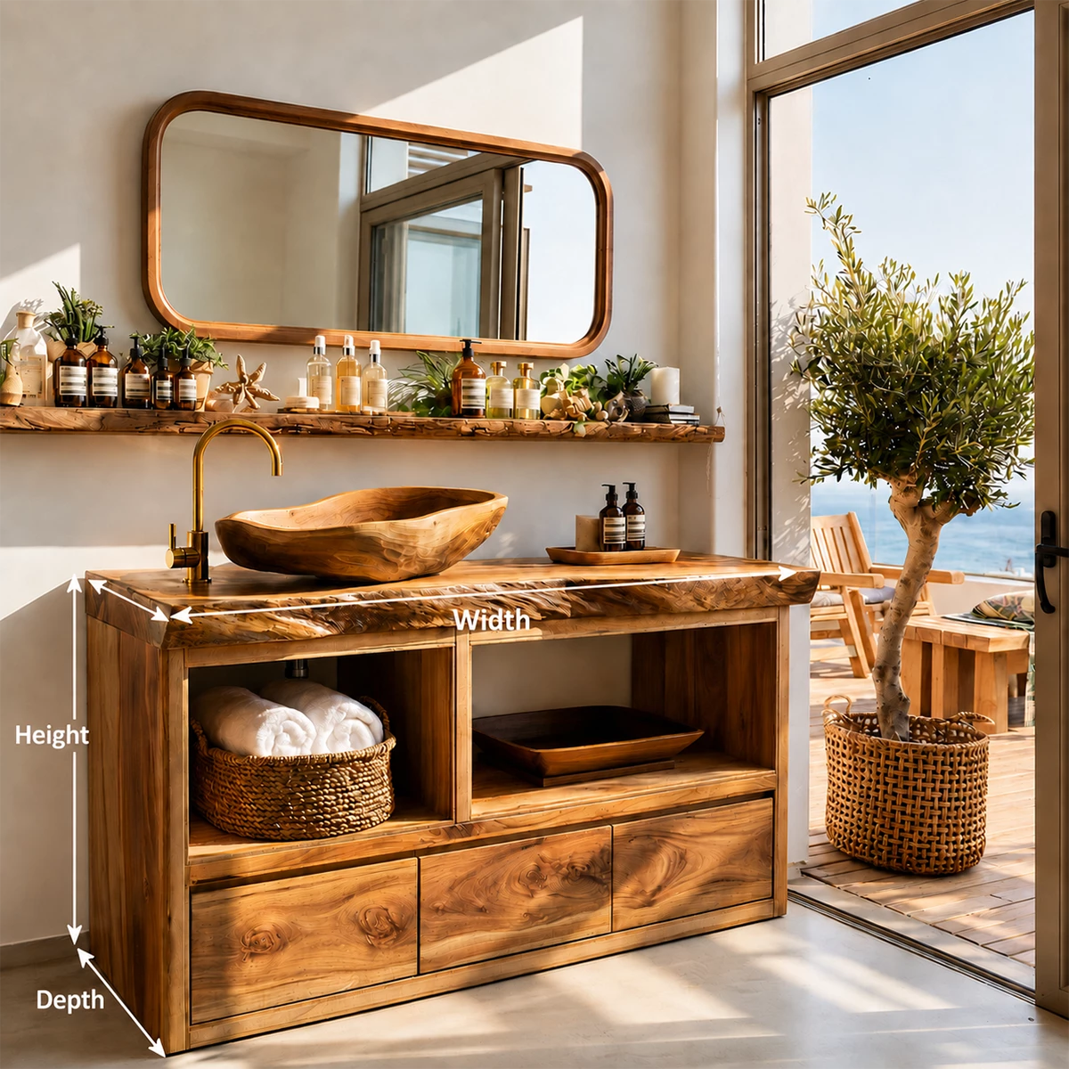 Natural Wood Bathroom Vanity With Live Edge Countertop & Open Storage
