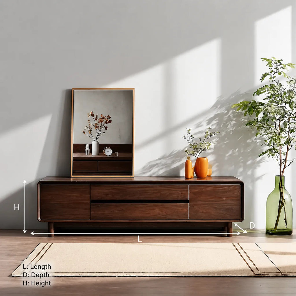 Rounded Natural Solid Wood TV Stand with Wide Drawer Storage Design