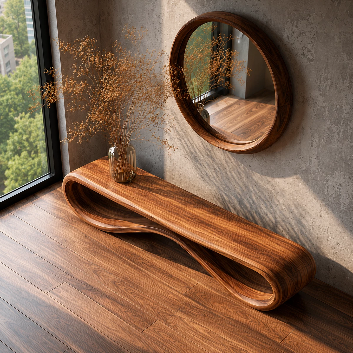 Sculptural Wave Wood Bench – Organic Natural Wood Entryway Bench for Modern Interior