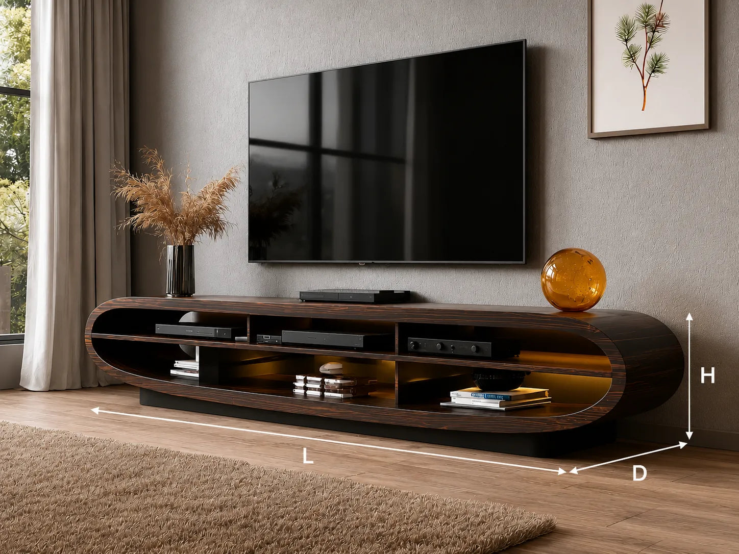 Curved Natural Solid Wood TV Stand with Open Media Console Storage
