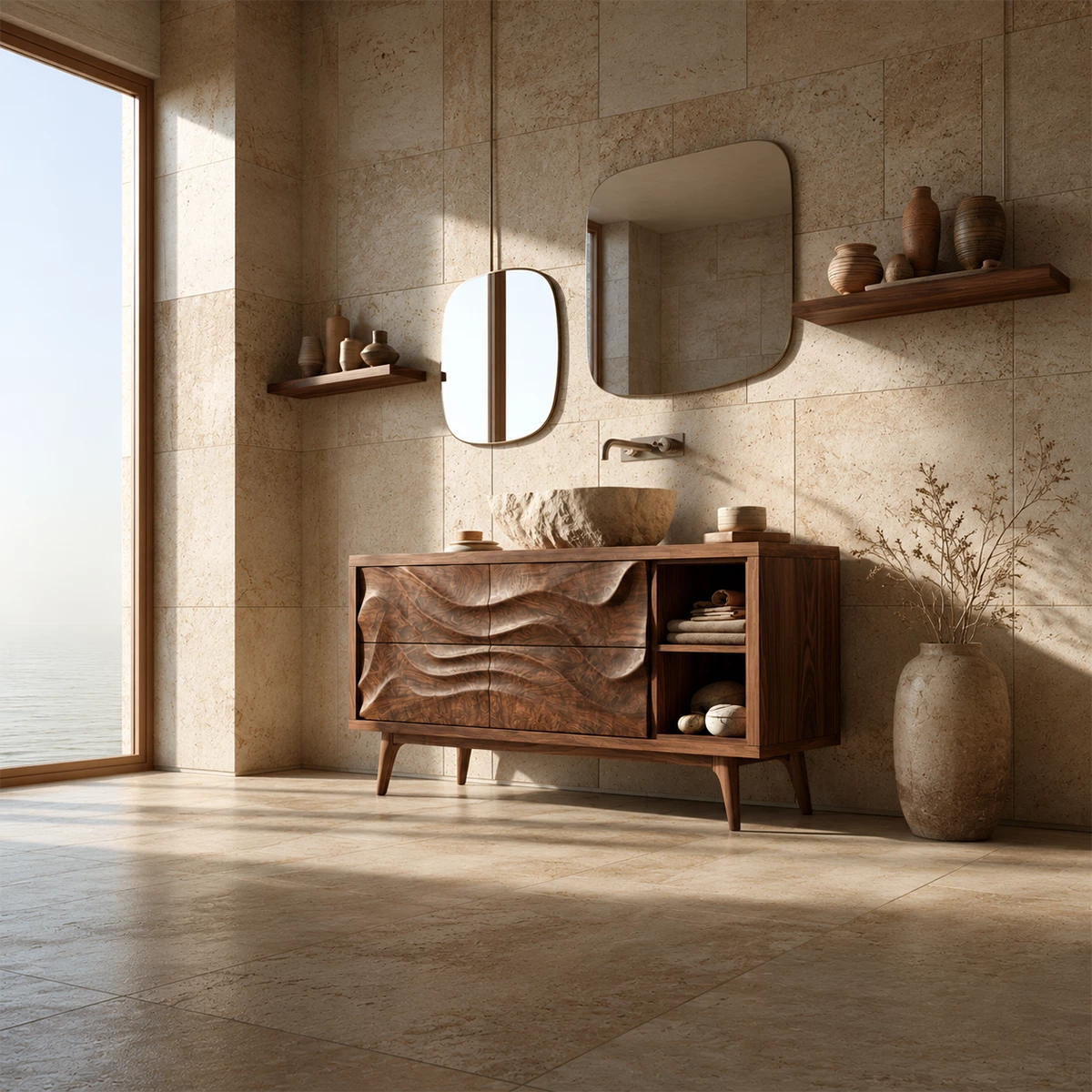 Natural Solid Wood Bathroom Vanity with Four Carved Drawers and Open Shelves