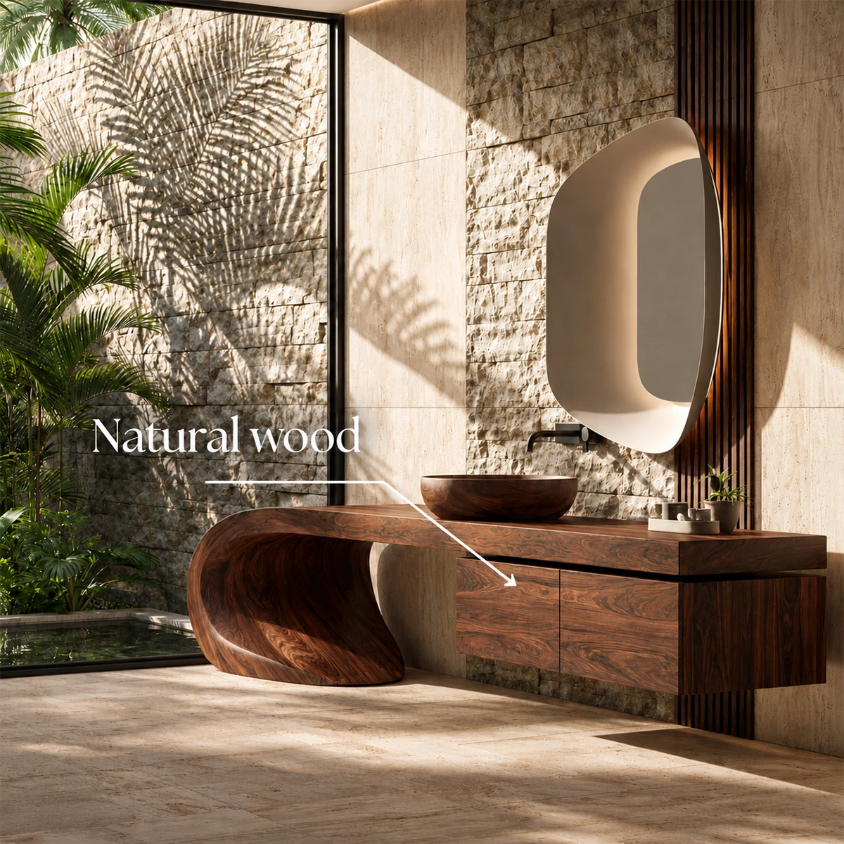 Natural Solid Wood Bathroom Vanity with Four Drawers and Sculptural Loop Base