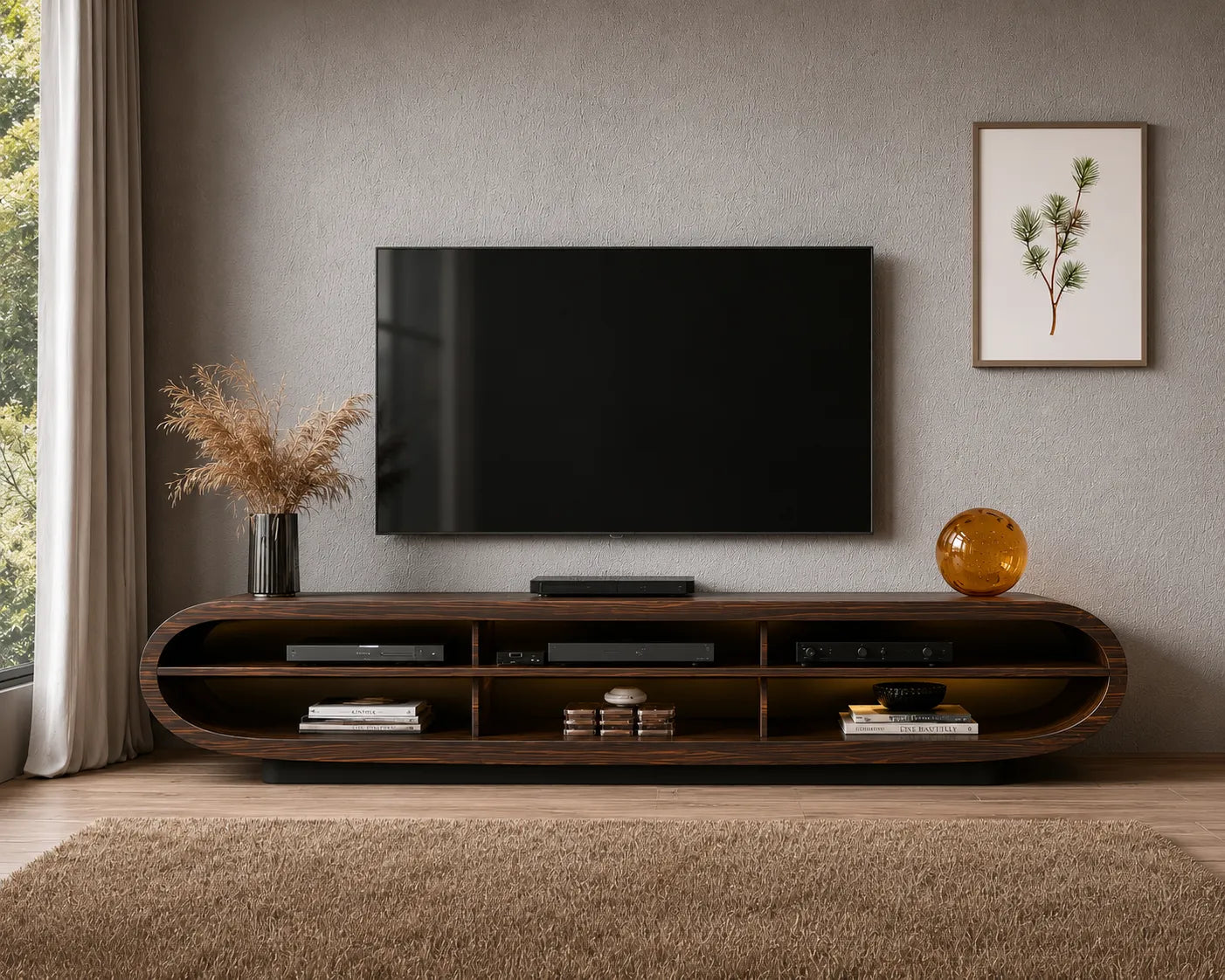 Curved Natural Solid Wood TV Stand with Open Media Console Storage