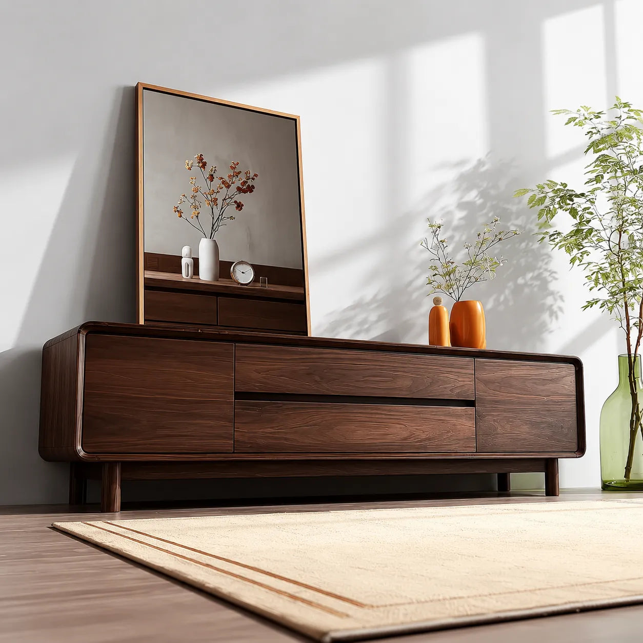 Rounded Natural Solid Wood TV Stand with Wide Drawer Storage Design
