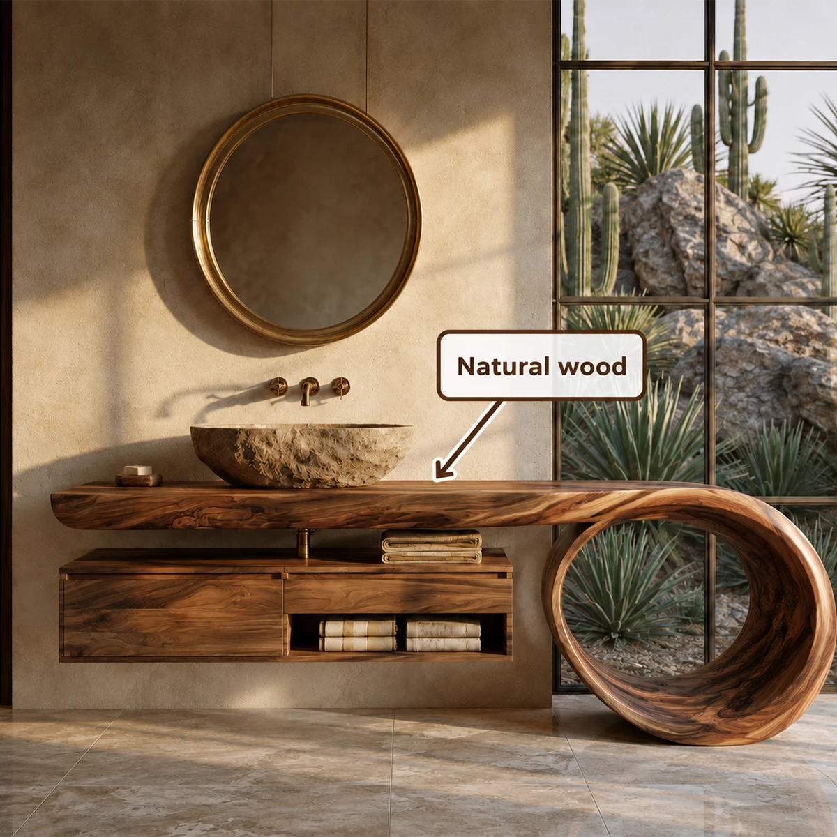Organic Floating Bathroom Vanity With Live Edge Wood Top & Sculptural Loop Base