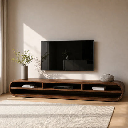 Capsule Natural Solid Wood TV Stand with Long Open Media Shelves - Livewoodcraft - 11
