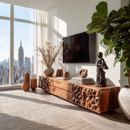 Carved Natural Solid Wood TV Stand with Sculptural Drawer Fronts - Echotimber
