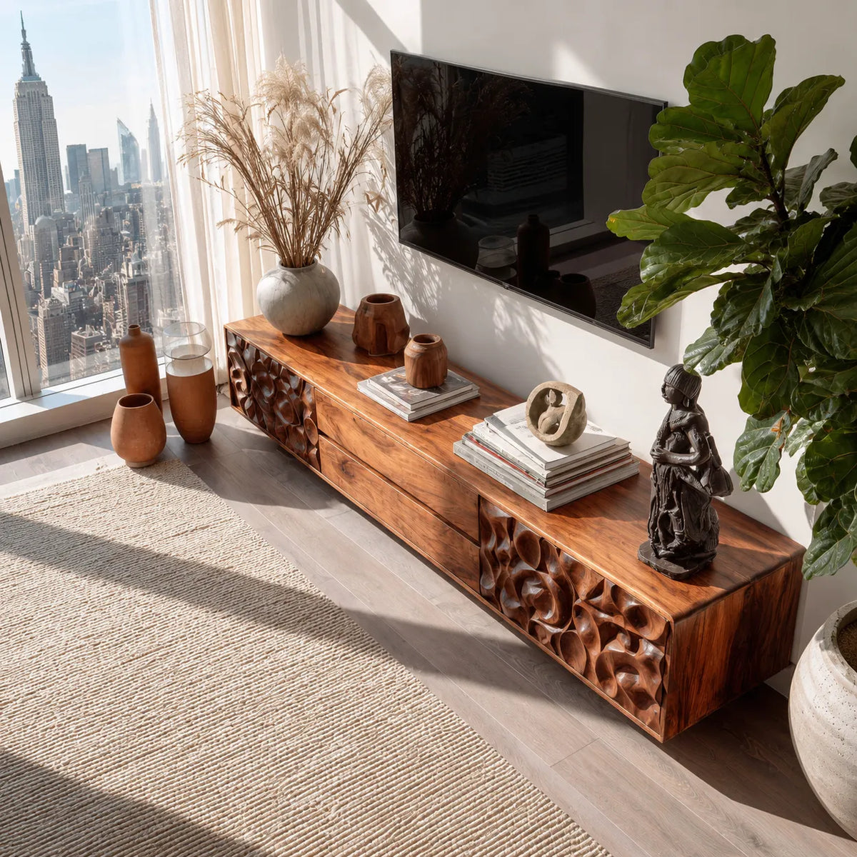 Carved Natural Solid Wood TV Stand with Sculptural Drawer Fronts - Livewoodcraft - 7