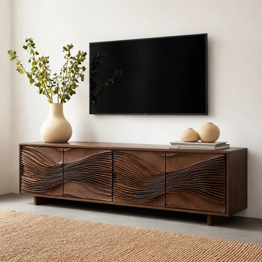 Carved Wave Natural Solid Wood TV Stand with Four Door Storage - Echotimber