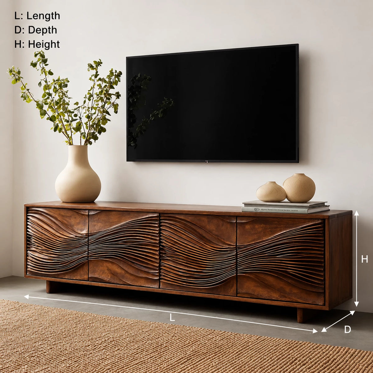 Carved Wave Natural Solid Wood TV Stand with Four Door Storage - Livewoodcraft - 3