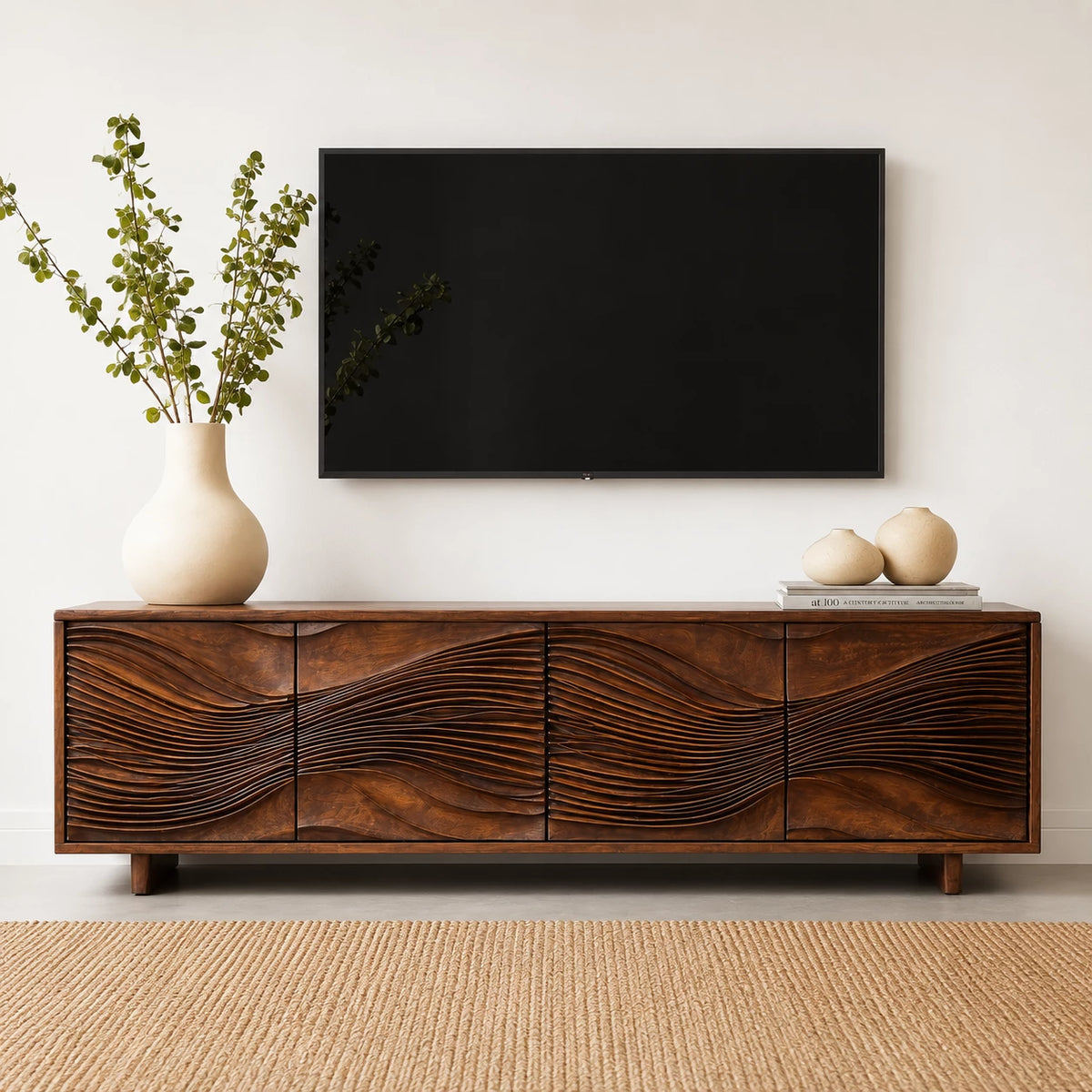 Carved Wave Natural Solid Wood TV Stand with Four Door Storage - Livewoodcraft - 8