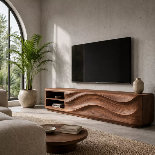 Carved Wave Solid Wood TV Stand With Open Side Shelf And Hidden Storage For Living Room - Echotimber