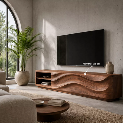 Carved Wave Solid Wood TV Stand With Open Side Shelf And Hidden Storage For Living Room - Livewoodcraft - 10