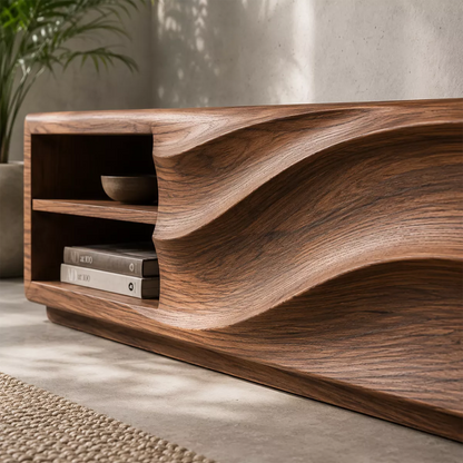 Carved Wave Solid Wood TV Stand With Open Side Shelf And Hidden Storage For Living Room - Livewoodcraft - 2