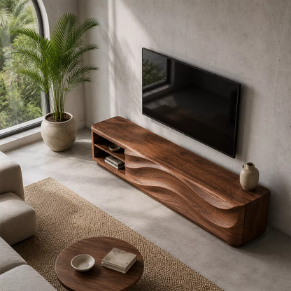 Carved Wave Solid Wood TV Stand With Open Side Shelf And Hidden Storage For Living Room - Livewoodcraft - 3