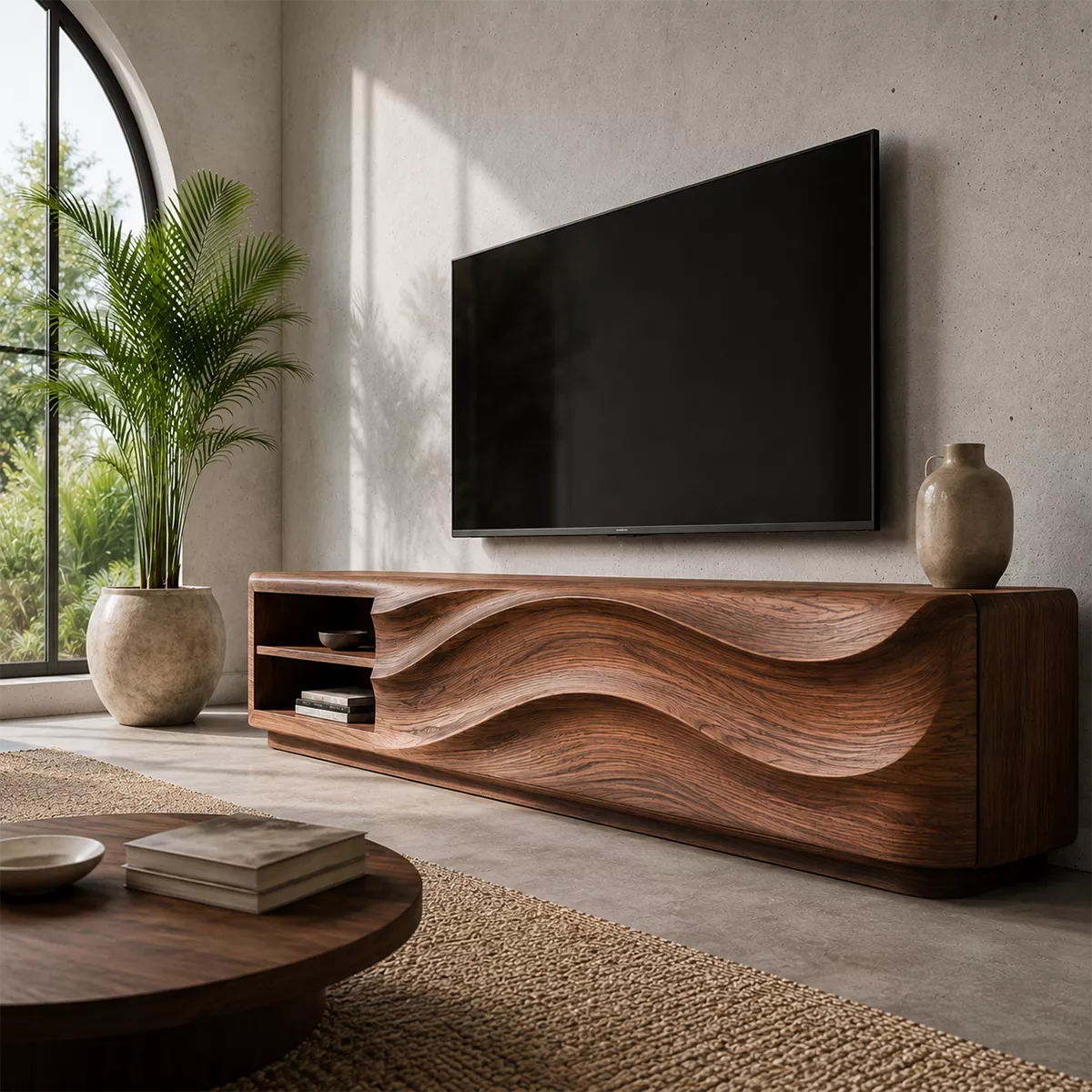 Carved Wave Solid Wood TV Stand With Open Side Shelf And Hidden Storage For Living Room - Livewoodcraft - 4