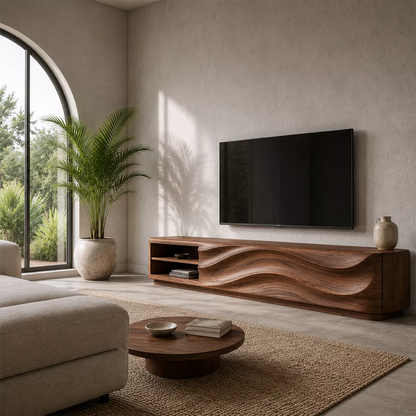 Carved Wave Solid Wood TV Stand With Open Side Shelf And Hidden Storage For Living Room - Livewoodcraft - 5