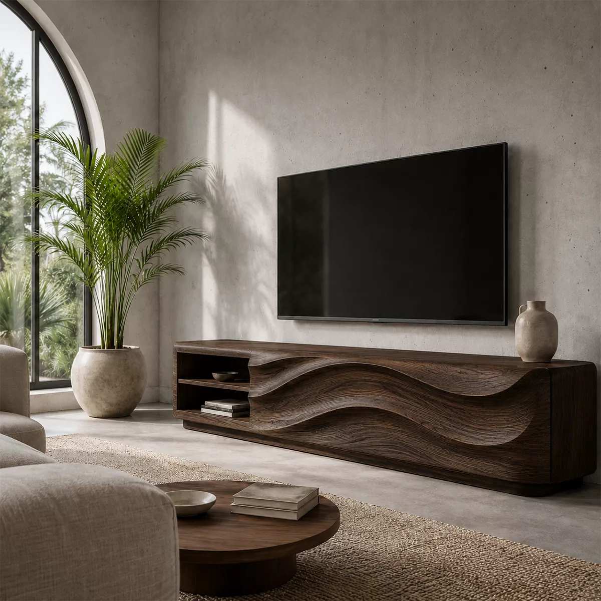 Carved Wave Solid Wood TV Stand With Open Side Shelf And Hidden Storage For Living Room - Livewoodcraft - 6