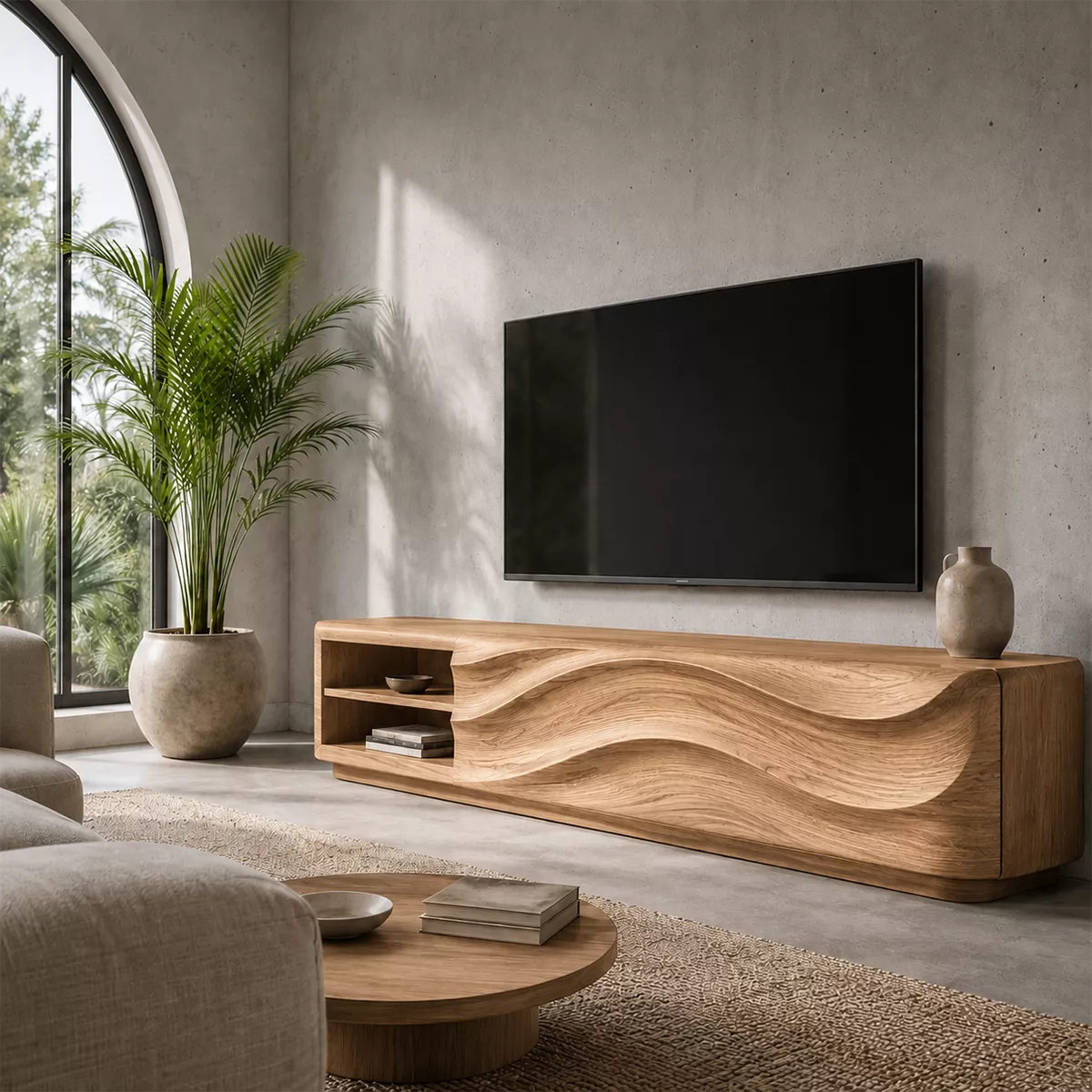 Carved Wave Solid Wood TV Stand With Open Side Shelf And Hidden Storage For Living Room - Livewoodcraft - 7