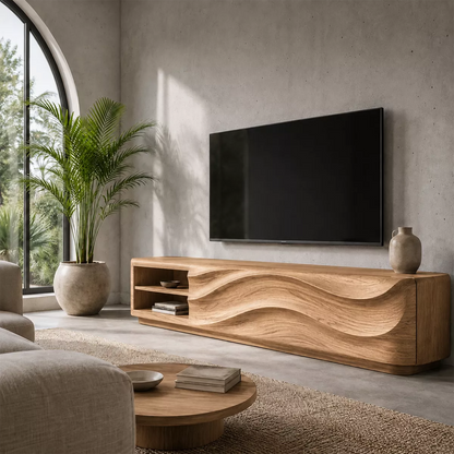 Carved Wave Solid Wood TV Stand With Open Side Shelf And Hidden Storage For Living Room - Livewoodcraft - 7