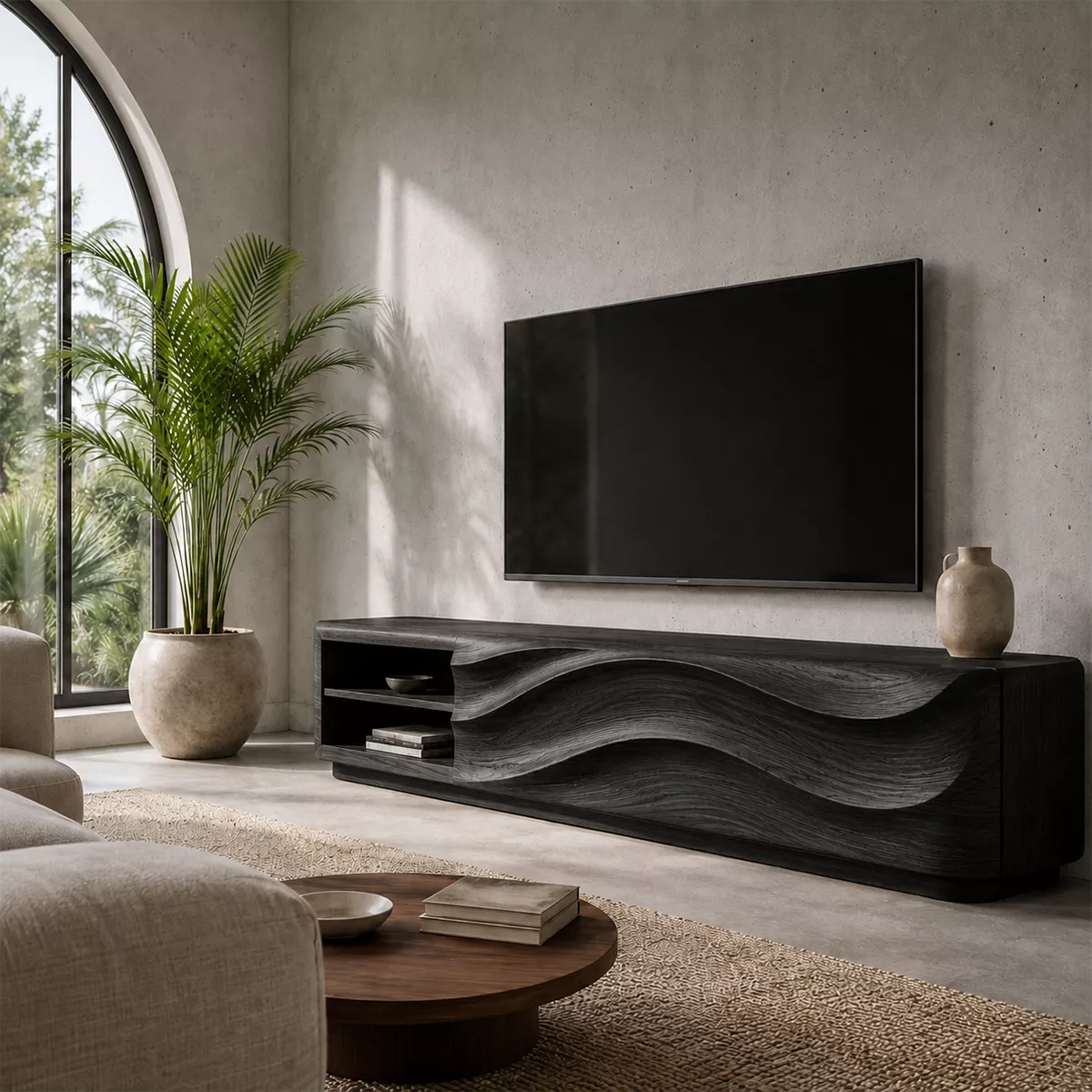 Carved Wave Solid Wood TV Stand With Open Side Shelf And Hidden Storage For Living Room - Livewoodcraft - 8
