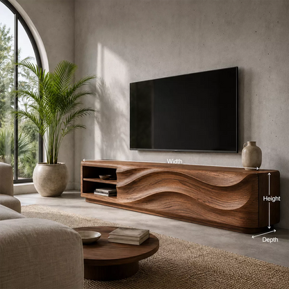 Carved Wave Solid Wood TV Stand With Open Side Shelf And Hidden Storage For Living Room - Livewoodcraft - 9