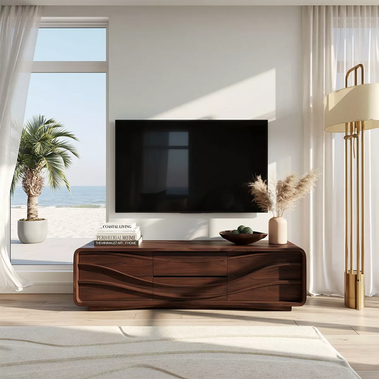 Carved Wave Solid Wood TV Stand With Rounded Frame And Hidden Storage For Living Room - Echotimber