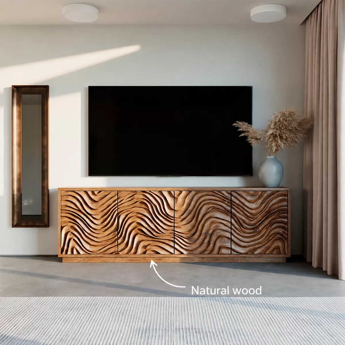 Carved Wave Solid Wood TV Stand With Sculptural Cabinet Front And Hidden Storage For Living Room - Livewoodcraft - 10