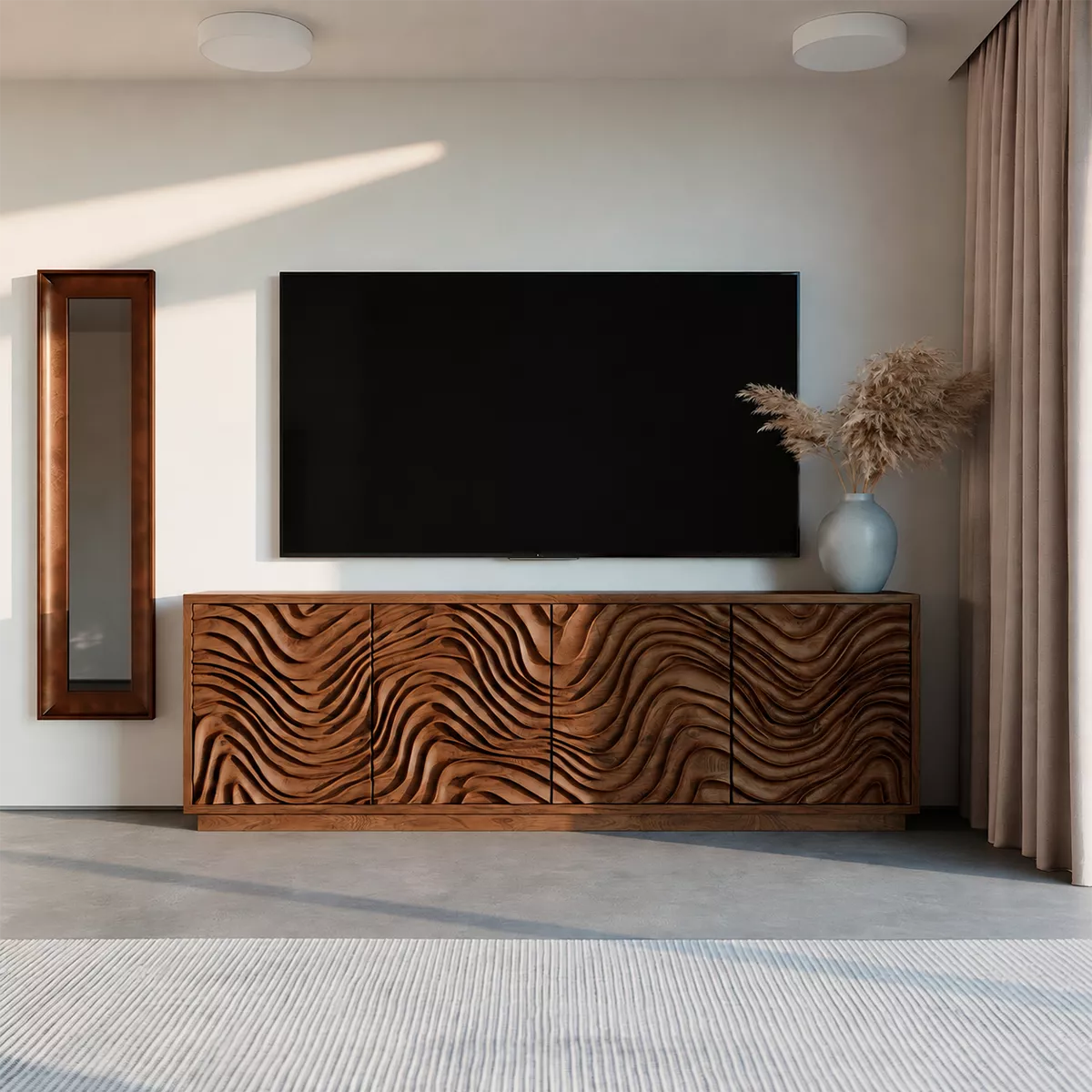 Carved Wave Solid Wood TV Stand With Sculptural Cabinet Front And Hidden Storage For Living Room - Livewoodcraft - 2