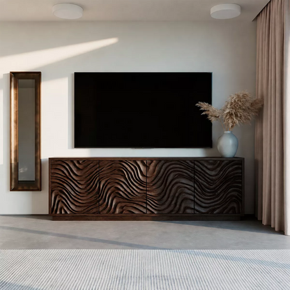 Carved Wave Solid Wood TV Stand With Sculptural Cabinet Front And Hidden Storage For Living Room - Livewoodcraft - 3