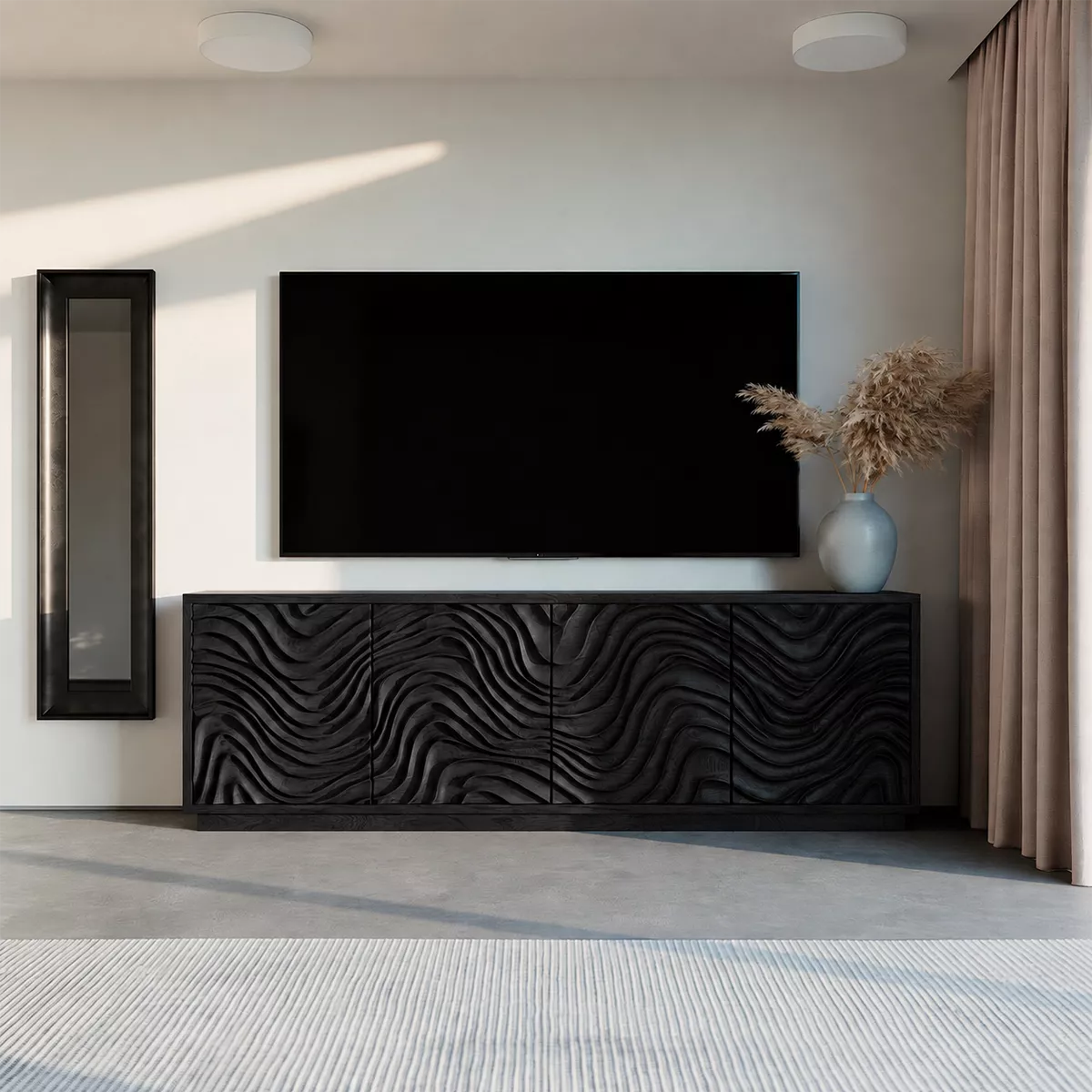 Carved Wave Solid Wood TV Stand With Sculptural Cabinet Front And Hidden Storage For Living Room - Livewoodcraft - 4