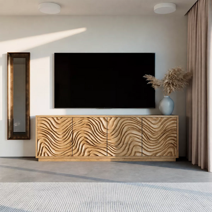 Carved Wave Solid Wood TV Stand With Sculptural Cabinet Front And Hidden Storage For Living Room - Livewoodcraft - 5