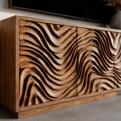 Carved Wave Solid Wood TV Stand With Sculptural Cabinet Front And Hidden Storage For Living Room - Livewoodcraft - 6