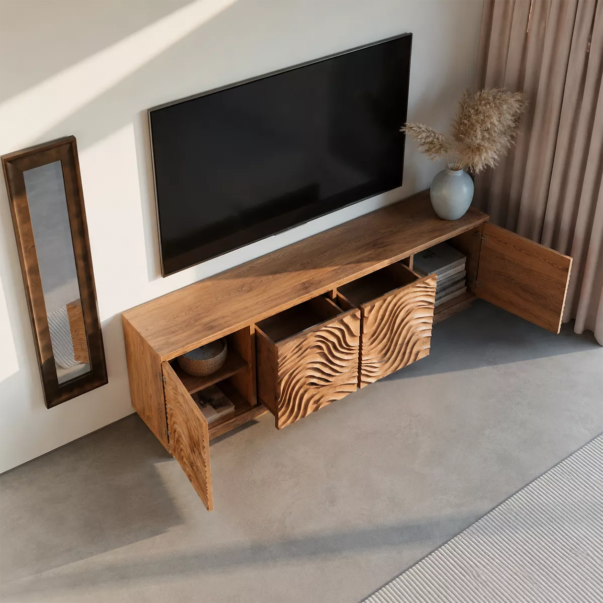 Carved Wave Solid Wood TV Stand With Sculptural Cabinet Front And Hidden Storage For Living Room - Livewoodcraft - 7