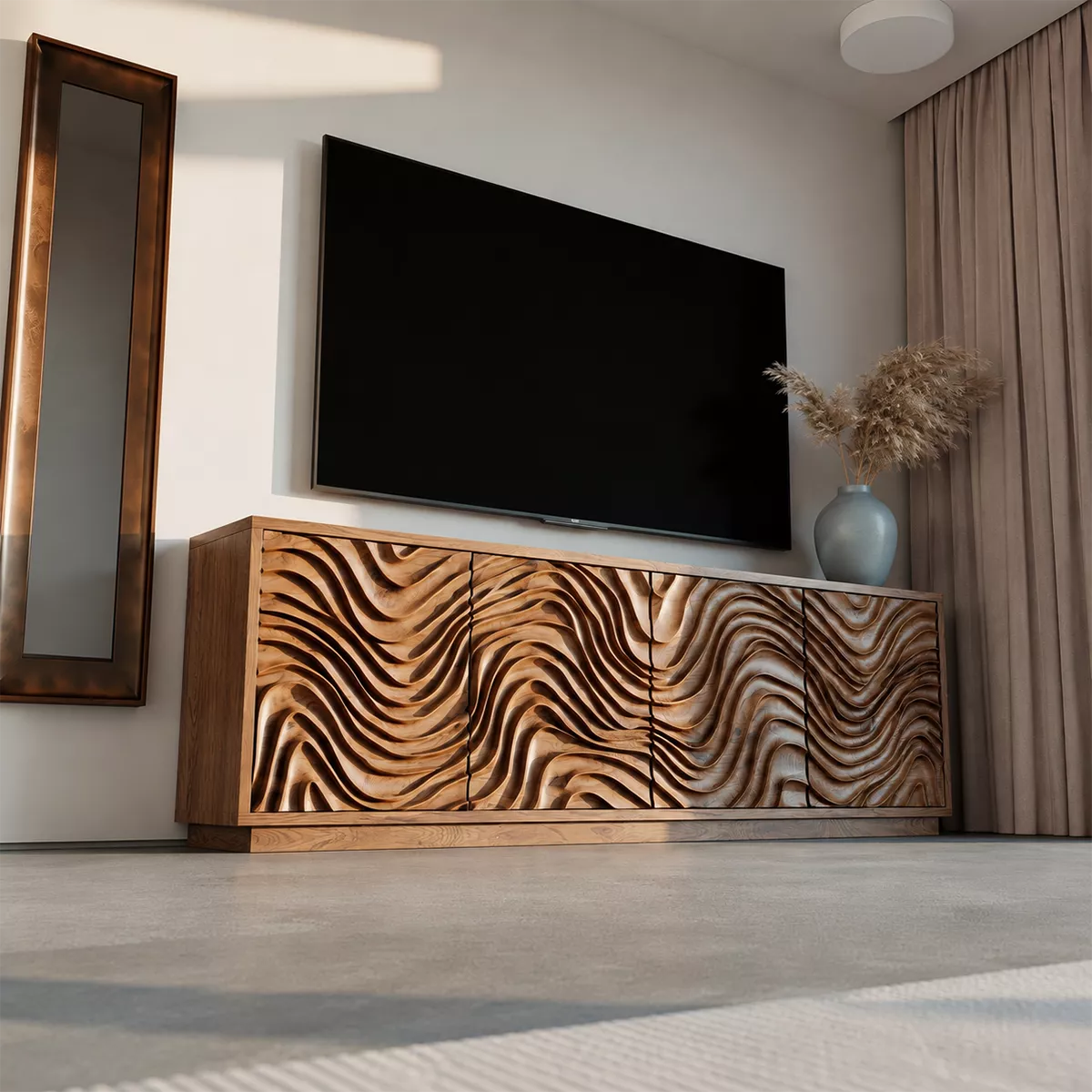 Carved Wave Solid Wood TV Stand With Sculptural Cabinet Front And Hidden Storage For Living Room - Livewoodcraft - 8