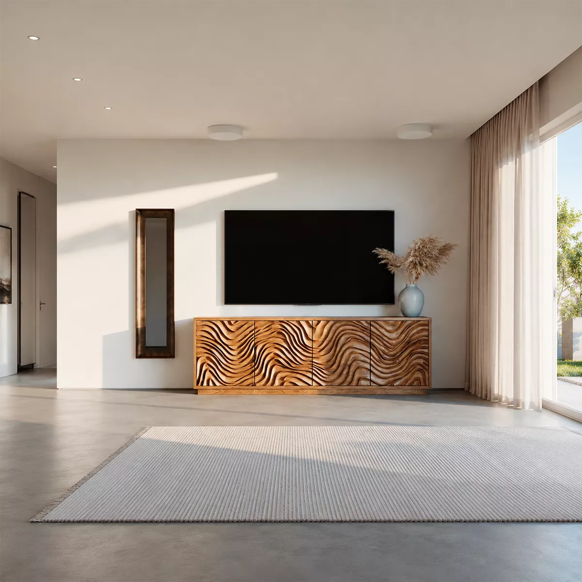 Carved Wave Solid Wood TV Stand With Sculptural Cabinet Front And Hidden Storage For Living Room - Livewoodcraft - 9