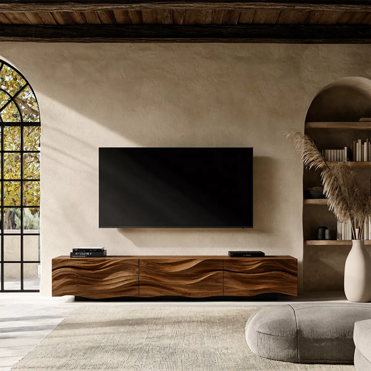 Carved Wave Solid Wood TV Stand With Sculptural Front And Natural Wood Grain For Living Room - Echotimber