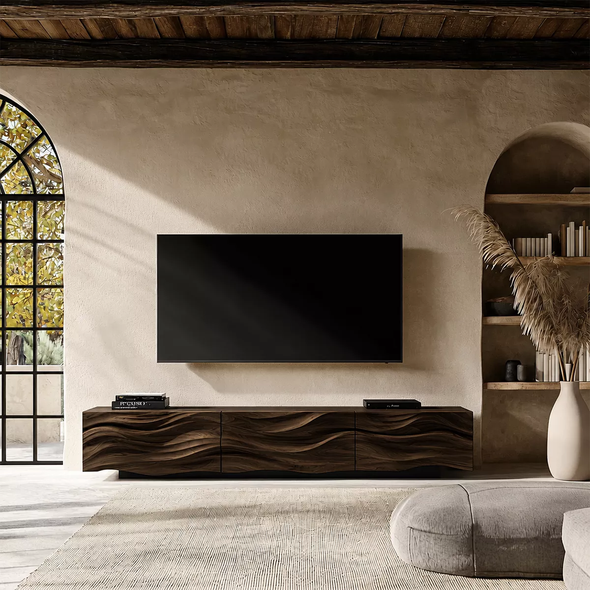 Carved Wave Solid Wood TV Stand With Sculptural Front And Natural Wood Grain For Living Room - Livewoodcraft - 2
