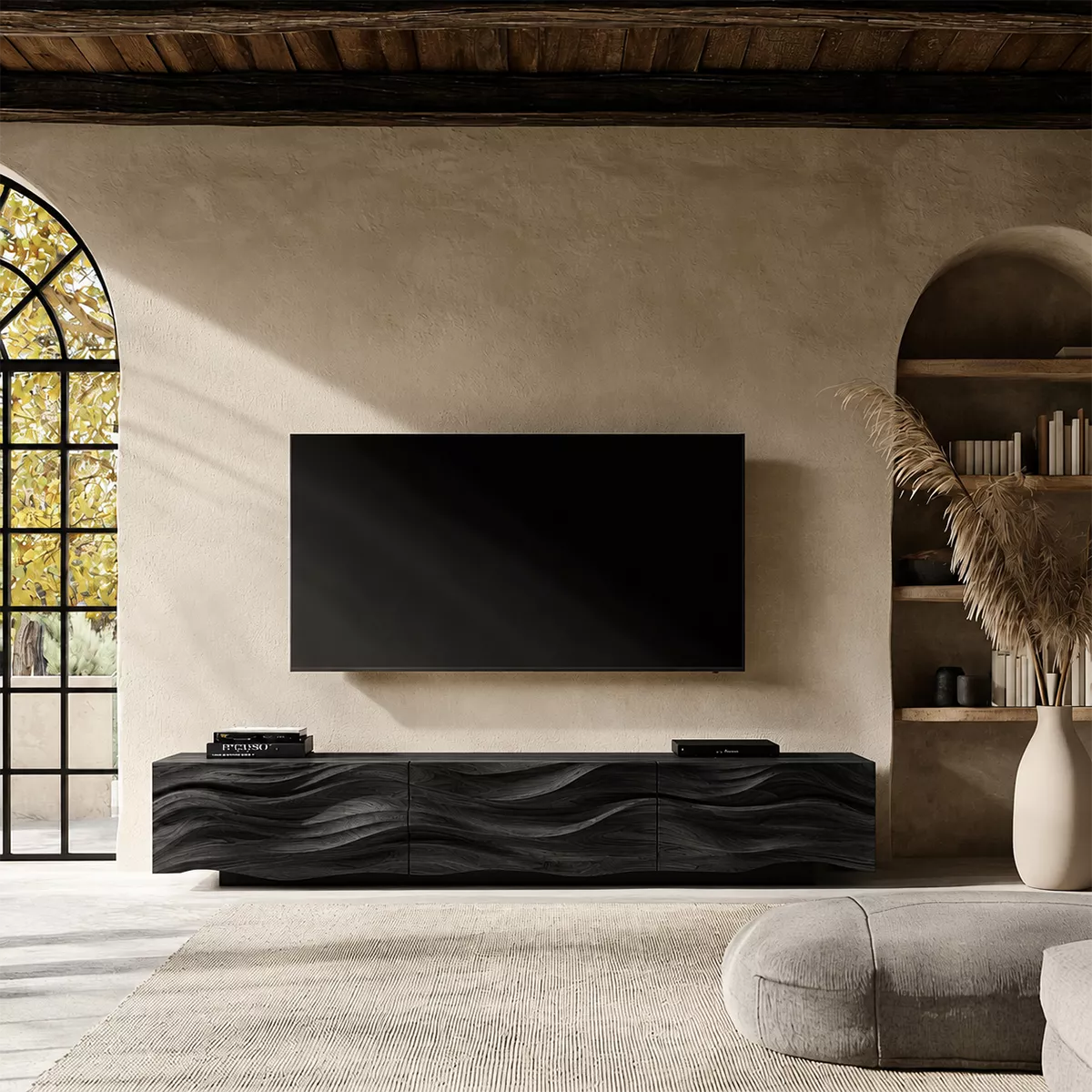 Carved Wave Solid Wood TV Stand With Sculptural Front And Natural Wood Grain For Living Room - Livewoodcraft - 3
