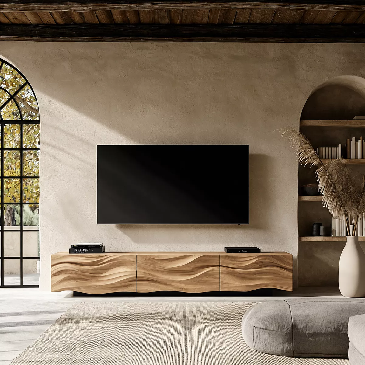 Carved Wave Solid Wood TV Stand With Sculptural Front And Natural Wood Grain For Living Room - Livewoodcraft - 4