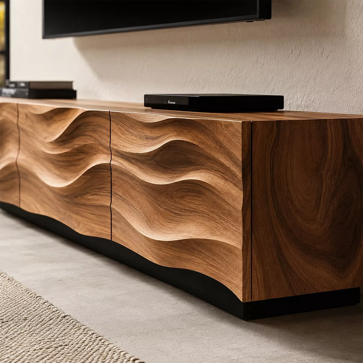 Carved Wave Solid Wood TV Stand With Sculptural Front And Natural Wood Grain For Living Room - Livewoodcraft - 5