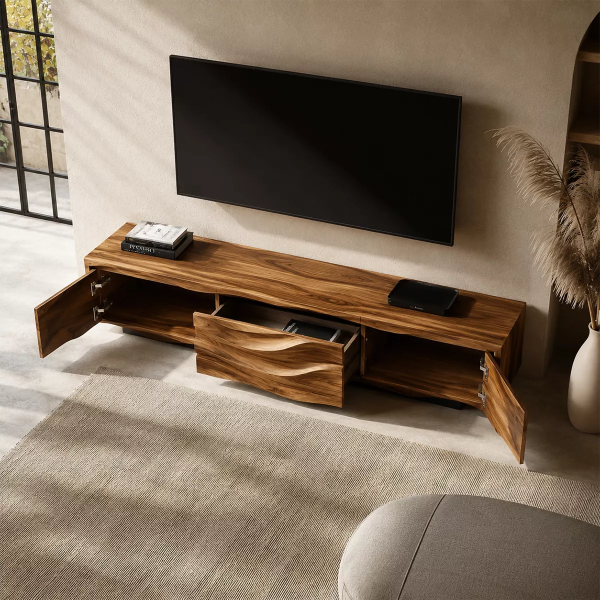 Carved Wave Solid Wood TV Stand With Sculptural Front And Natural Wood Grain For Living Room - Livewoodcraft - 6
