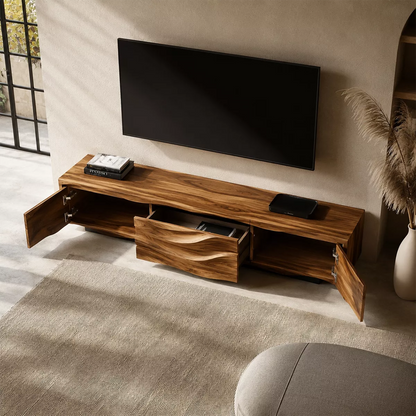 Carved Wave Solid Wood TV Stand With Sculptural Front And Natural Wood Grain For Living Room - Livewoodcraft - 6