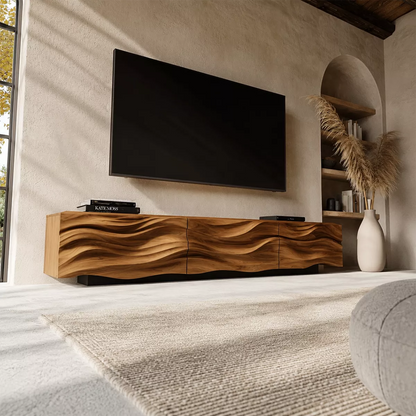 Carved Wave Solid Wood TV Stand With Sculptural Front And Natural Wood Grain For Living Room - Livewoodcraft - 7