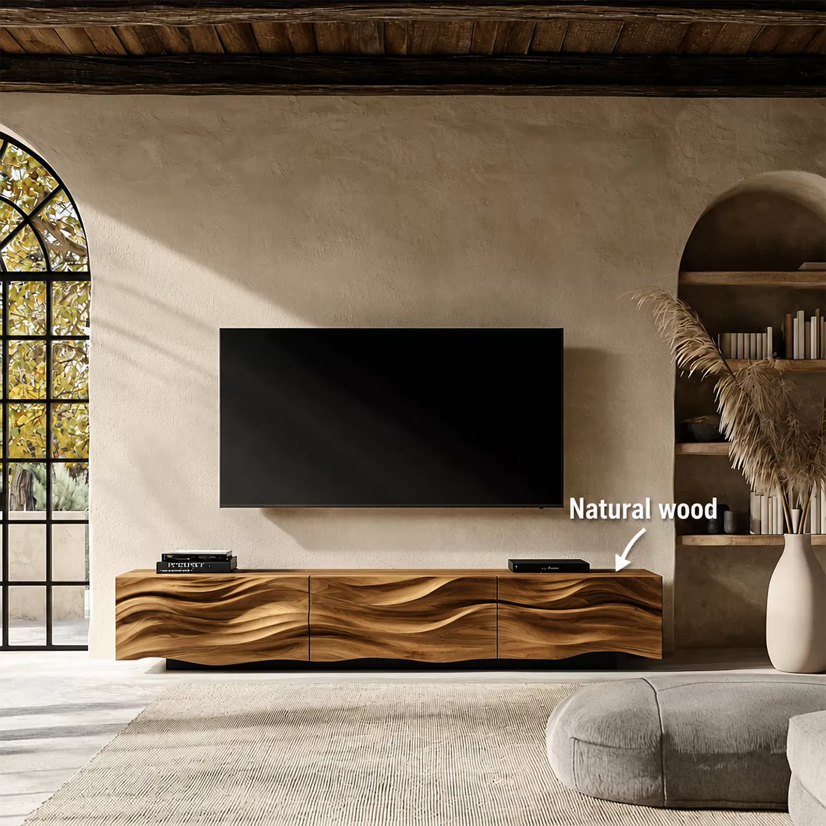 Carved Wave Solid Wood TV Stand With Sculptural Front And Natural Wood Grain For Living Room - Livewoodcraft - 9