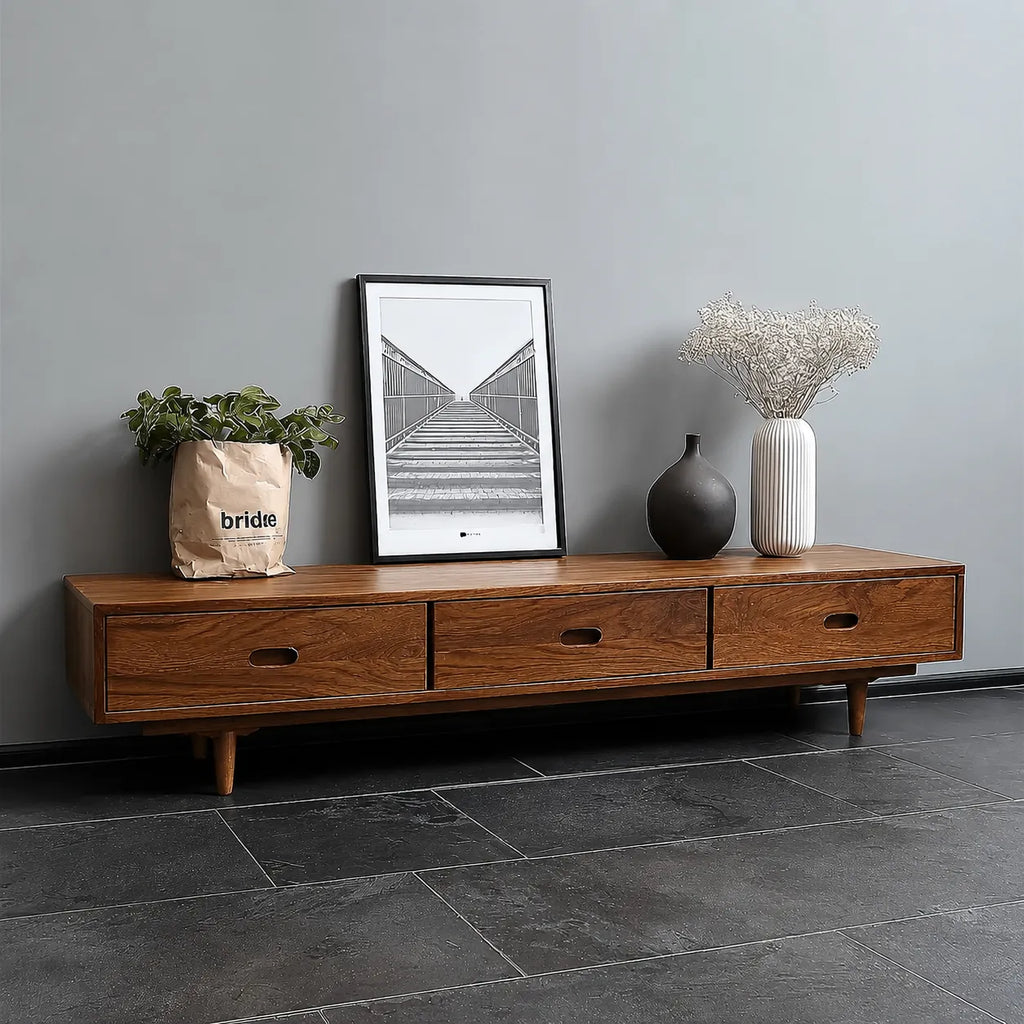 Scandinavian Natural Solid Wood TV Stand with Three Drawer Storage