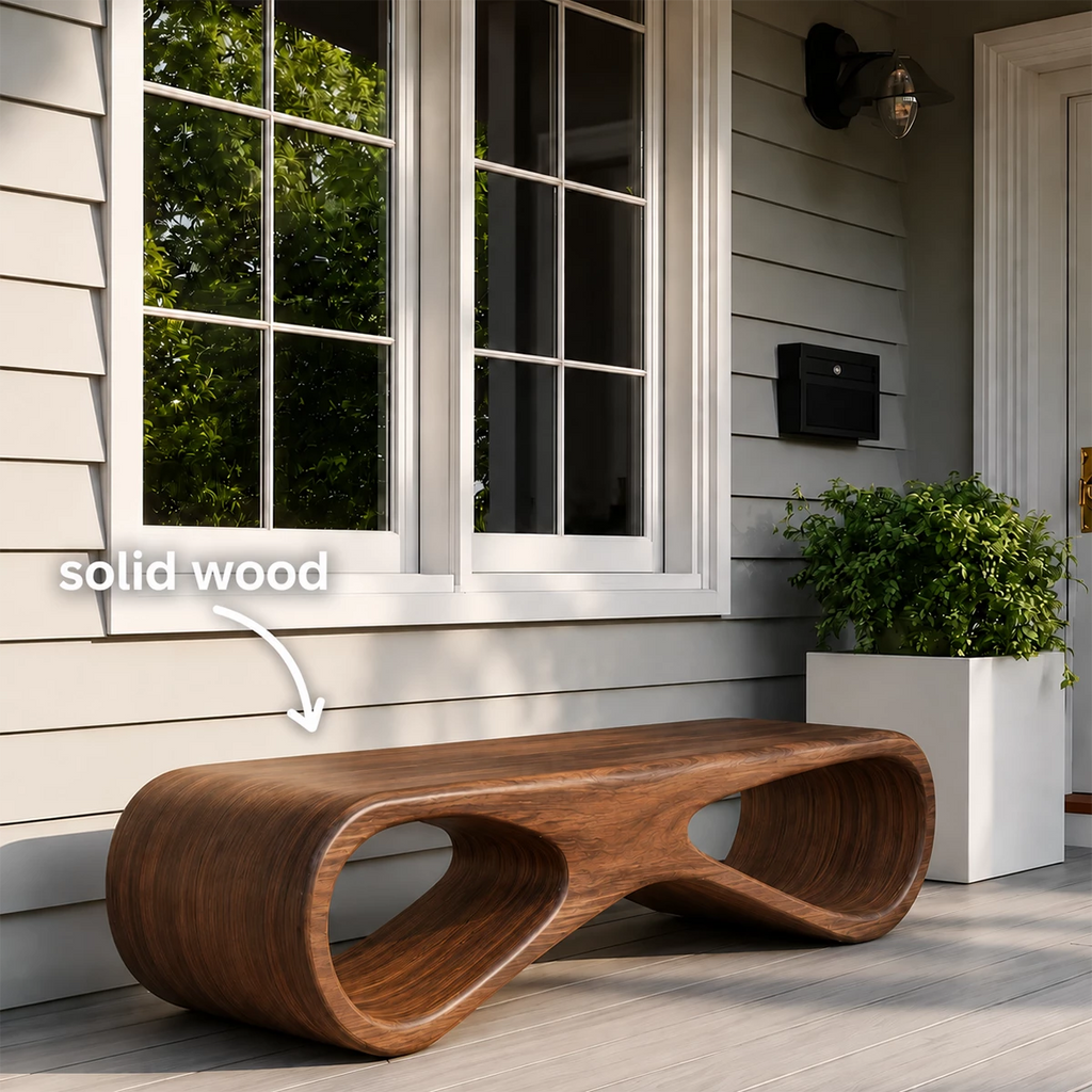 Sculptural Wave Wood Outdoor Bench – Natural Wood Patio Bench for Modern Exterior